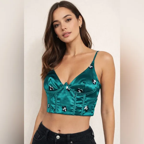White Fox Boutique Satin Corset Crop Top Teal Floral Bustier Camisole Y2K Chic - Image 3