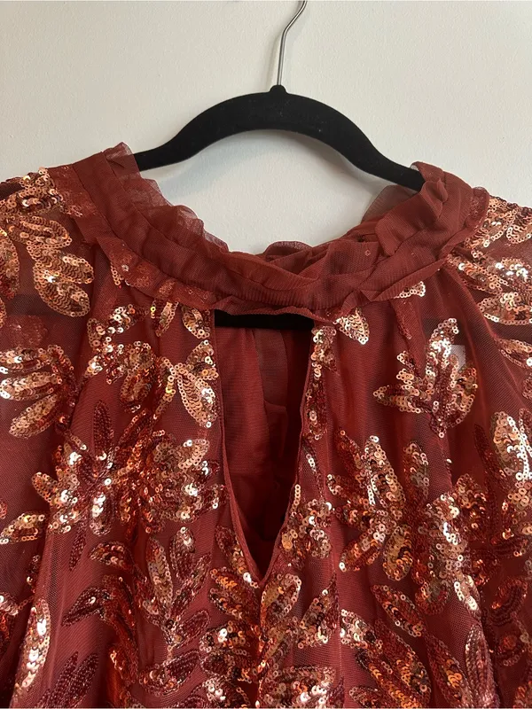 Anthropologie Floral Sequin Rust Orange Ruffle Tie Blouse Womens Large - Image 4