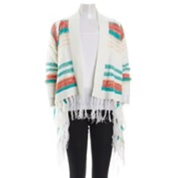 SAY WHAT? Bohemian Tribal Pattern Open Cardigan Sweater White, Large NWT - Image 3