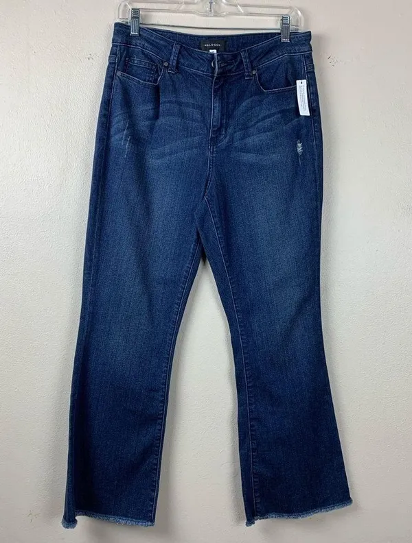 Halogen Cropped Kick Flare Jeans High Rise Frayed Ankle Distressed Dark Wash 28 - Image 3