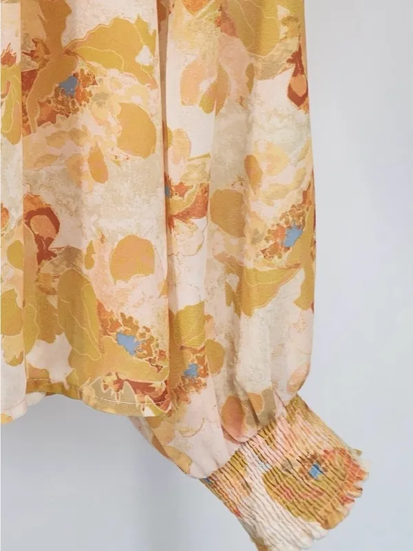 Flying Tomato Yellow Floral Tie-Neck Blouse with Button Front - Image 3