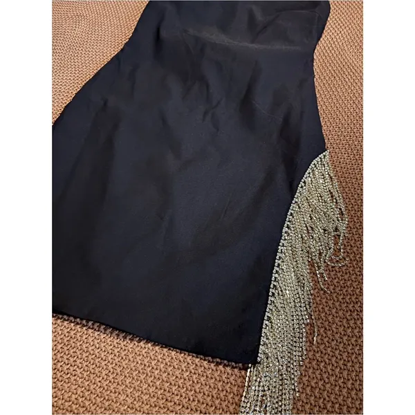 White Fox Black Rhinestone Fringe Mini Dress | Size Medium - Image 4