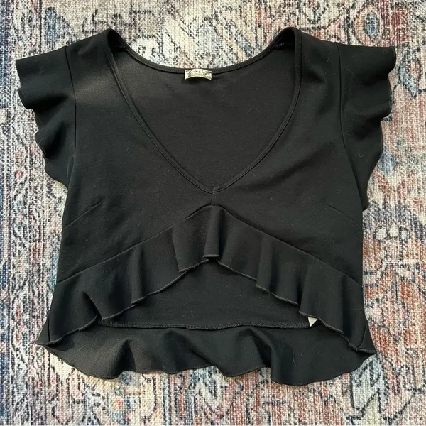 Free People Intimately Black Ruffle Plunge V-Neck Crop Top Peplum Size Large - Image 6