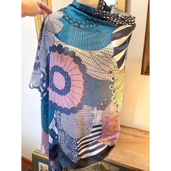 Silk Blend Square Scarf Teal Blue Pink Mod Floral Geometric Lightweight - Image 4