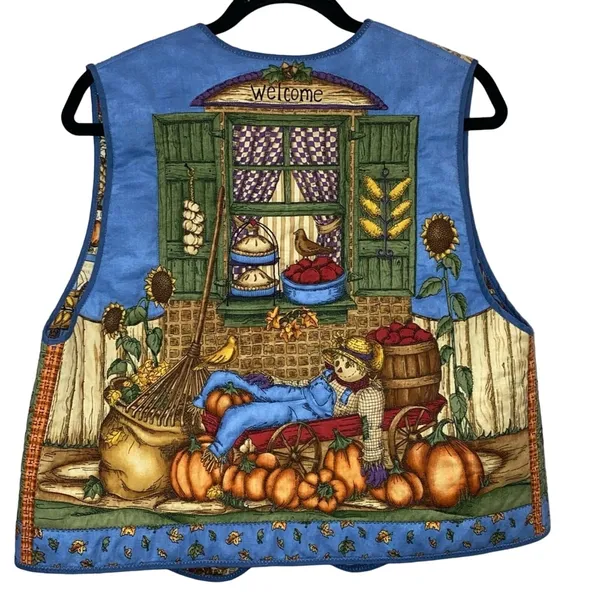 Handmade Reversible Fall Harvest Vest Scarecrow Pumpkin‎ Cottagecore Quilted - Image 3