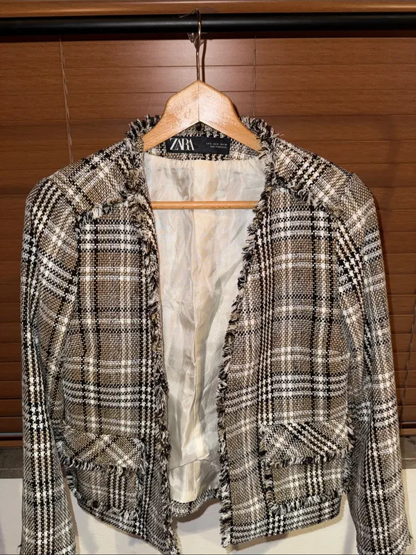 Zara Brown Plaid Fringe-Trim Tweed Jacket - Image 2