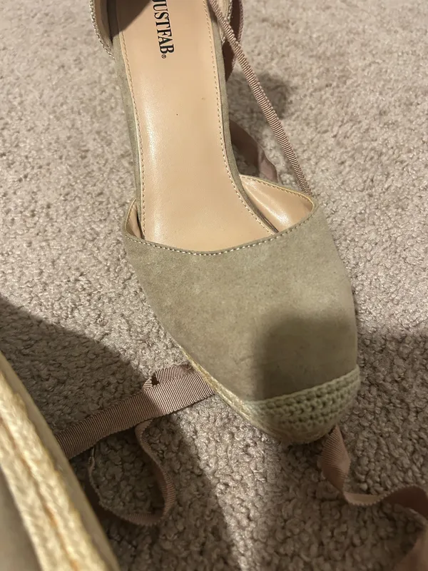 JustFab Taupe and Cream Espadrille Wedge Sandals with Ankle Wrap - Image 5