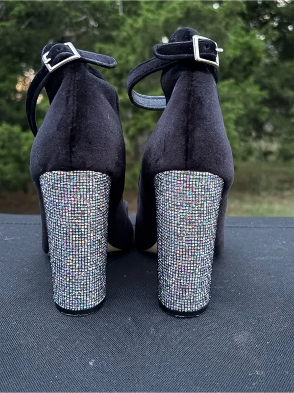 Shoedazzle Black Velvet Ulyssa Rhinestone Ankle Strap Block Heels Size 6 - Image 6