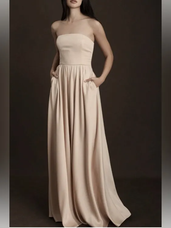 NWT BHLDN Elsie Straight-Neck Satin A-Line Gown Champagne - Image 3