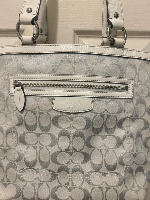 COACH White and Silver Shimmer Signature C Shoulder Purse - Image 2