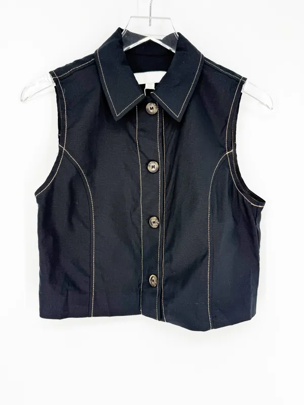 NWT ZARA Linen Blend‎ Button Down Sleeveless Top Women's S Black Quiet Luxury - Image 3