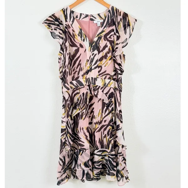 bar III Mini Dress Sz‎ 6 Pink Abstract Animal Print Ruffle Flutter Party - Image 2
