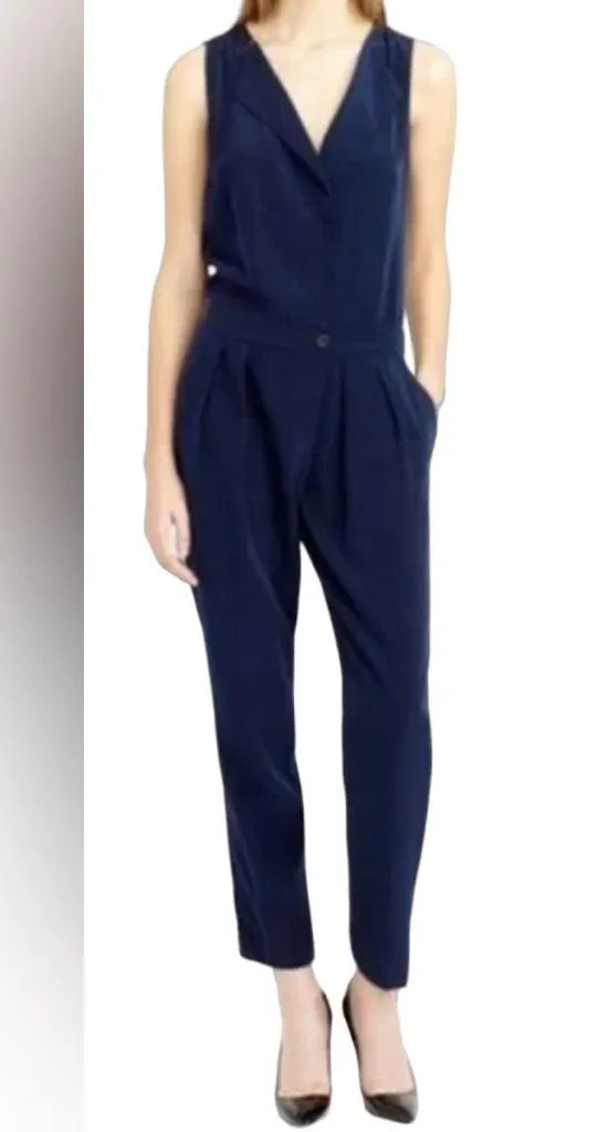 J.Crew Navy Blue Trench Jumpsuit One Piece Pants Crop Silky Sz 2 Pockets Career - Image 2