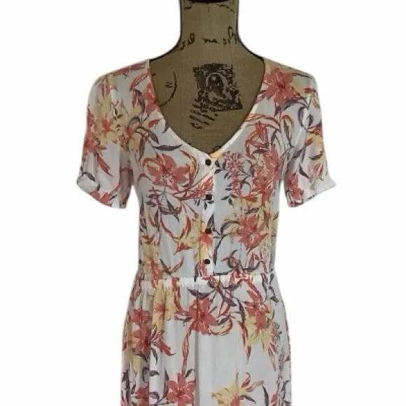 Hurley Floral Button Front Mini Dress Cream Coral Puff Sleeve Size Large - Image 6