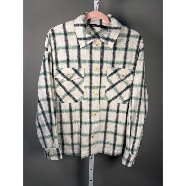 Zara Plaid Overshirt Shacket Green White‎ Black Check Button Front Pockets M - Image 2