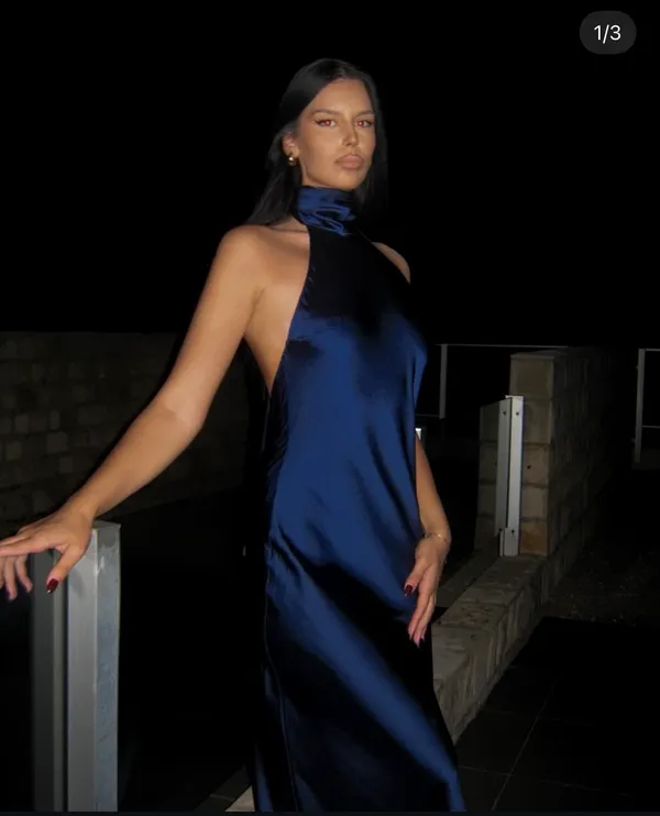 Zara maxi dress satin slip gown Elegant blue Halter formal party wedding prom - Image 7