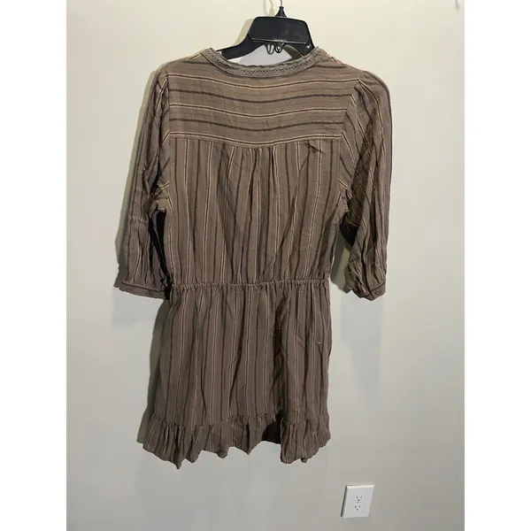 Ellison Mini Dress Womens Medium Brown‎ Striped Boho Ruffle Crochet Trim Casual - Image 4