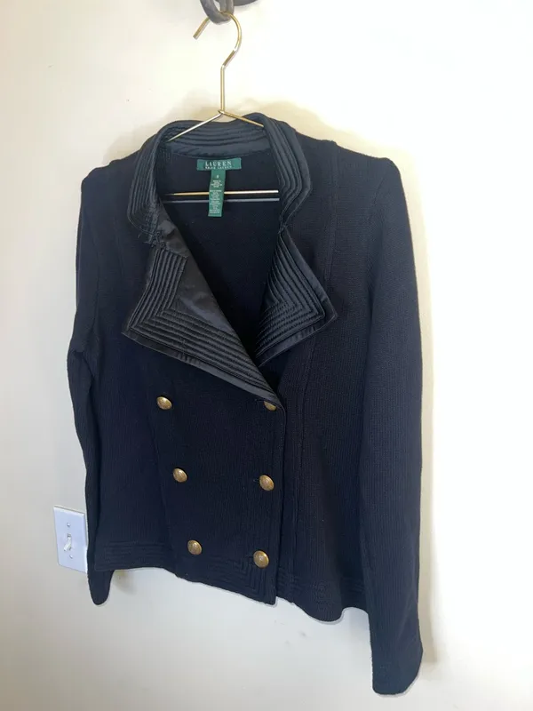Lauren Ralph Lauren Black Military Knit Jacket Gold Crest Buttons Small‎ - Image 2