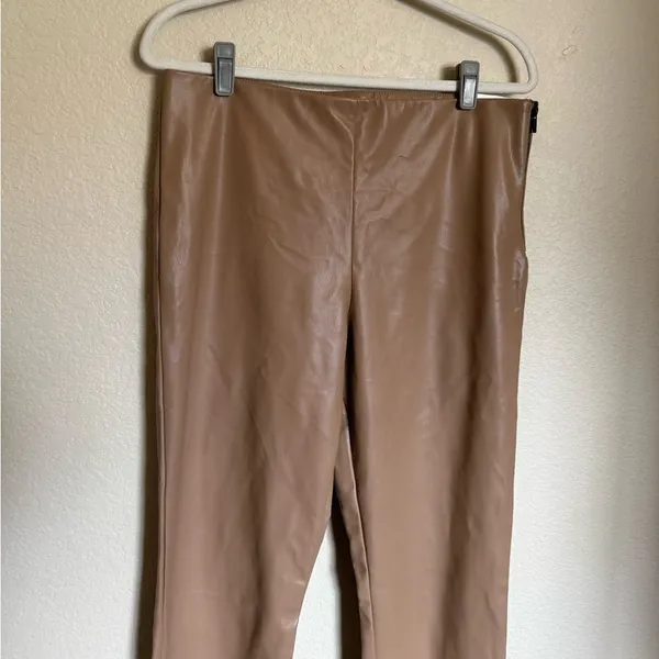 ZARA Faux Leather High Rise Straight Leg Pants Leggings Split‎ Hem Sz XL tan NEW - Image 4
