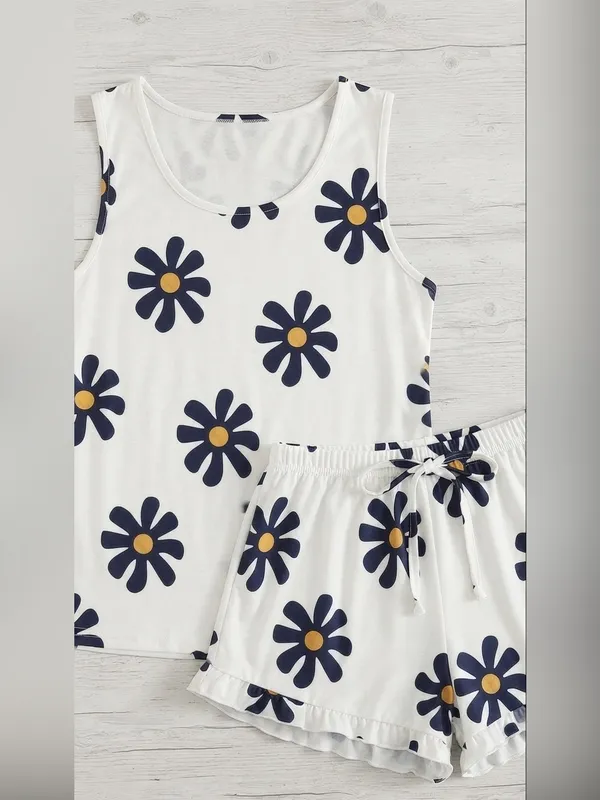 Ekouaer Sleeveless Daisy-Print Tank & Short Pajama Set - White - Image 2