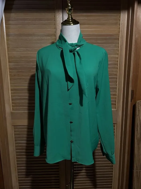 ZARA Green Chiffon Polyester Collared Tie Neck Button Blouse Long Sleeve M - Image 7