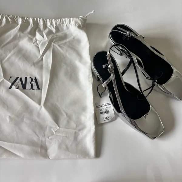 Zara silver metallic block heel slingback pumps - Image 2