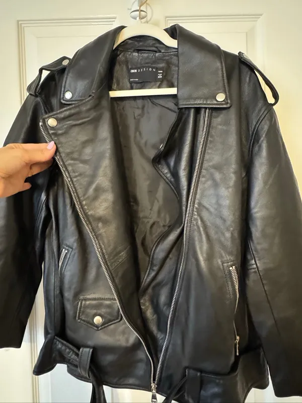 ASOS DESIGN Petite Premium Real Leather Oversized Biker Jacket Black US 4 - Image 2