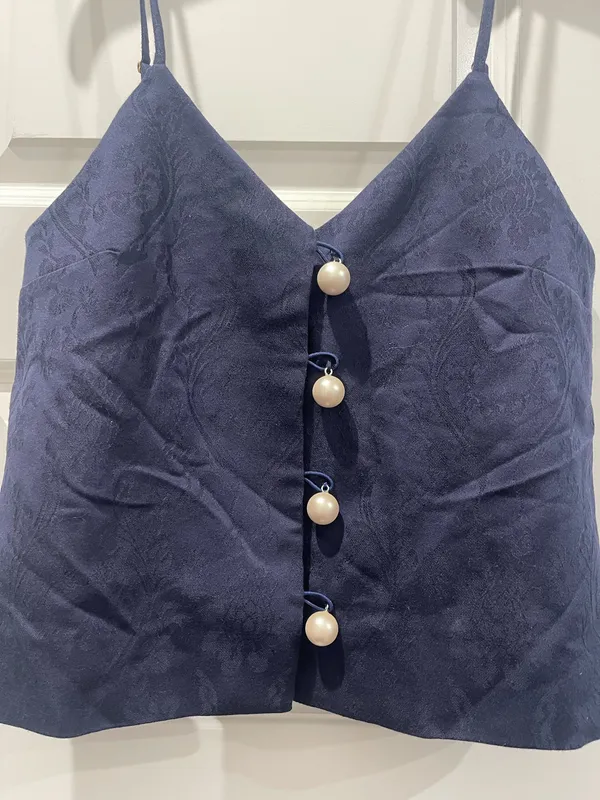 Mother of Pearl Navy Blue Camisole Top with Pearl Buttons – Adjustable Straps - Image 2
