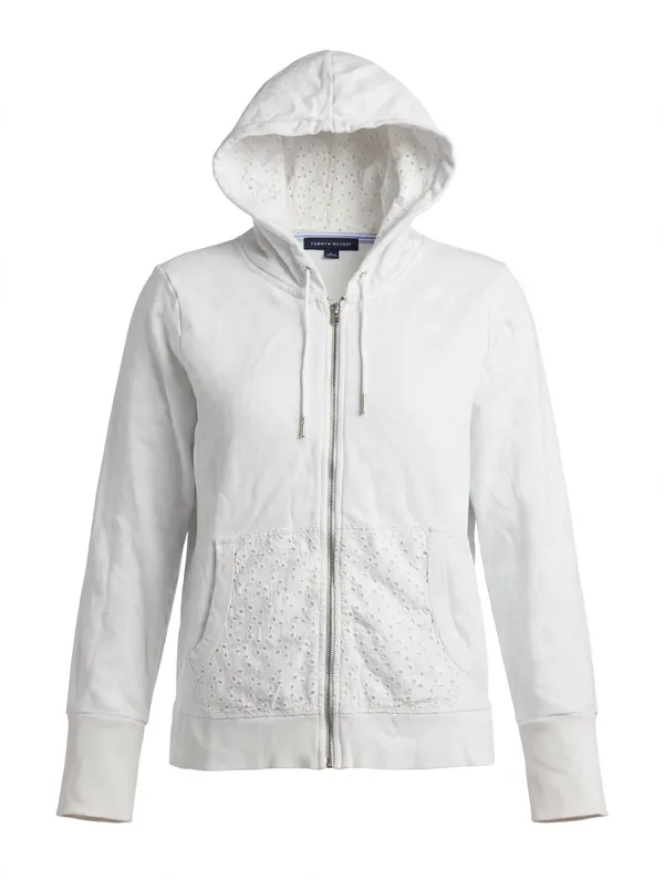 Tommy Hilfiger White Eyelet Zip Hoodie with Hood - Image 2