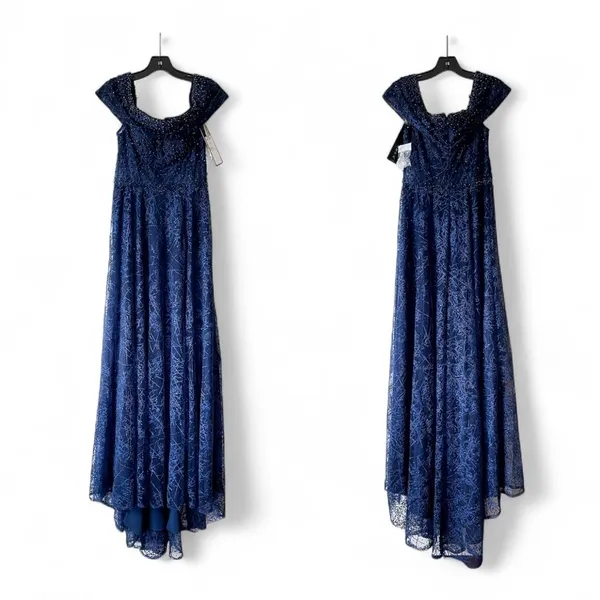 Alexander By‎ Daymor Beaded Gown Maxi Slit Dress Wedding Off-Shoulder Navy 6 NWT - Image 2