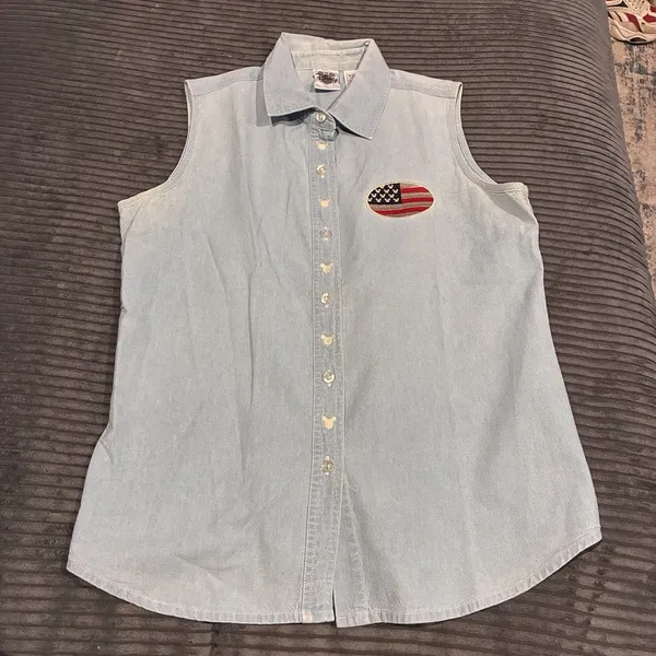Vintage DISNEY Mickey MOUSE Denim Button Womens M USA Sleeveless Embroidered - Image 2