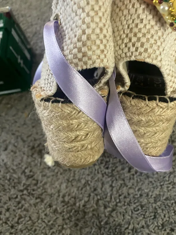 Women’s Size 38-handmade Lavender Ribbon Espadrille with Blue Accent - Image 6