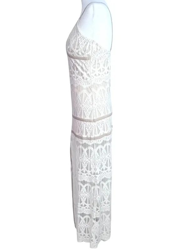 Ecru Split Front Lace Maxi Dress M Cage Spaghetti Straps Prom Beach Wedding - Image 8