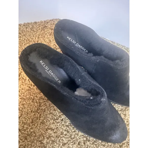 Kelsi Dagger Brooklyn Black Suede Faux Fur Lined Wedge Mules Clogs Womens 10 - Image 4