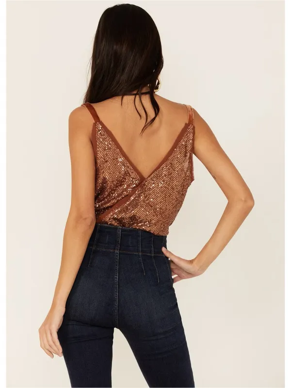 NWT Free People Shimmer & Shine Bodysuit in Sunset Orange Brown Sequins Size XL - Image 2