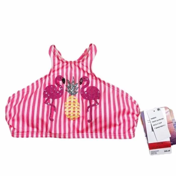 Coco Rave‎ Tropi Glow Pink Striped Flamingo Halter Bikini Top XS / S 30/32 C - Image 3