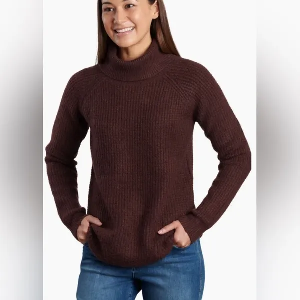 Kuhl Sienna Sweater Burgundy Cowl Neck Chunky Knit Curved Hem Size XS - Image 3