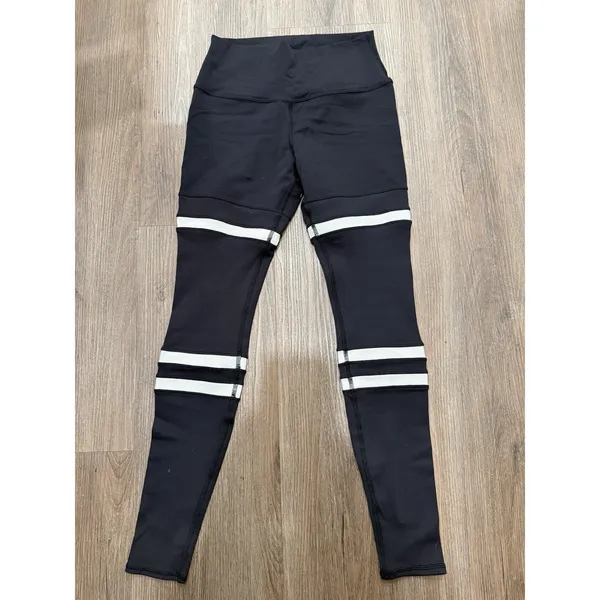 Alo Yoga High-Waist Legit Leggings Black Varsity Stripe Ribbed‎ Sz M - Image 3