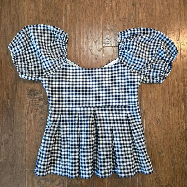 Draper James Women’s Gingham Puff Sleeve Peplum Top Blue White Blouse Size L - Image 2