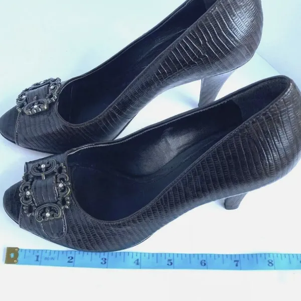 Antonio Melani Sz 6 Brown Buckle Snake Embossed Leather‎ Peep Toe Stiletto - Image 8