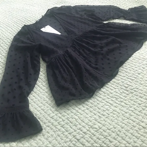 ZARA Blouse Sheer Black,black dots,long bell sleeves w/lace trim, v neck,empire waist - Image 2