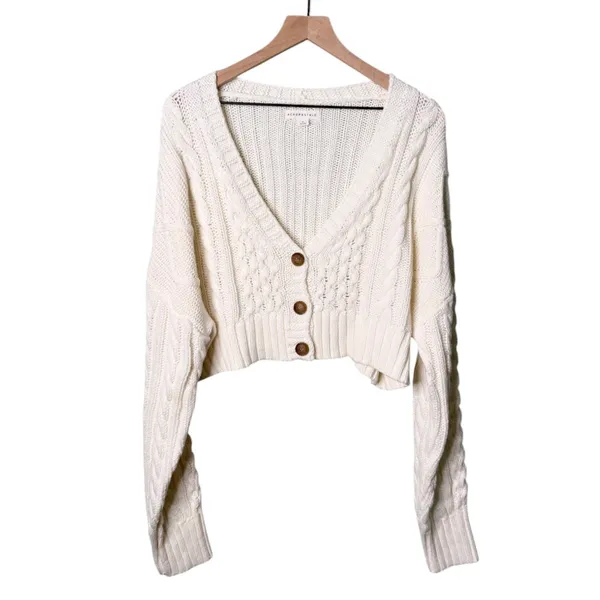 NWT Aeropostale Oversized Cable Knit Cropped V Neck Cardigan Sweater Cream XL - Image 4