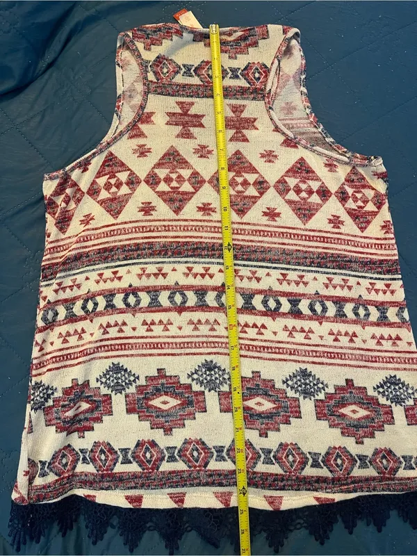 No Boundaries Aztec Print Tank Top in Cream, Red & Black with Lace Trim - Image 3
