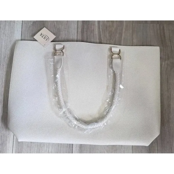 Ulta Beauty Cream Tote Bag Women's‎ Braided Handle Textured Faux Leather - Image 7