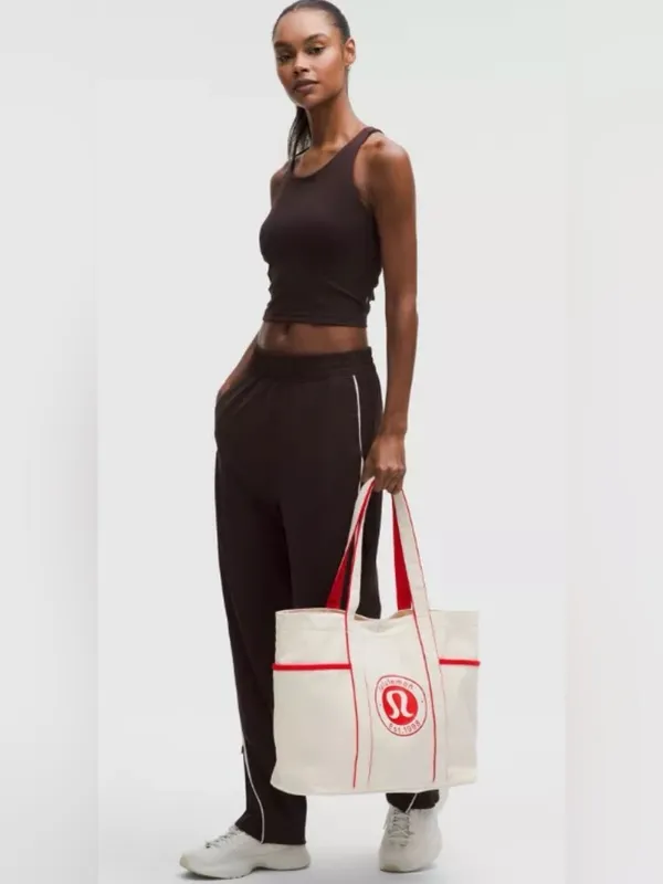 Lululemon NWT Daily Multi Pocket Canvas Tote Bag 20L Cream Red Trim - Image 3