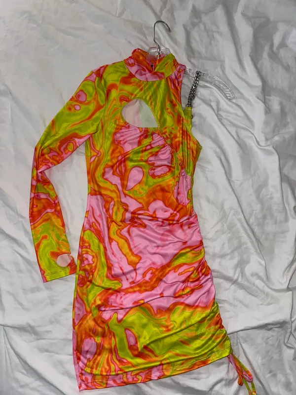 Dolls Kill Future Funk Pink And Green One Sleeve Dress - Image 4