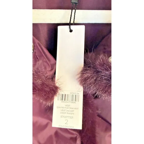 Chicos Vest Womens 2/Large Purple Quilted Fur Trim‎ Snap Winter NEW - Image 4