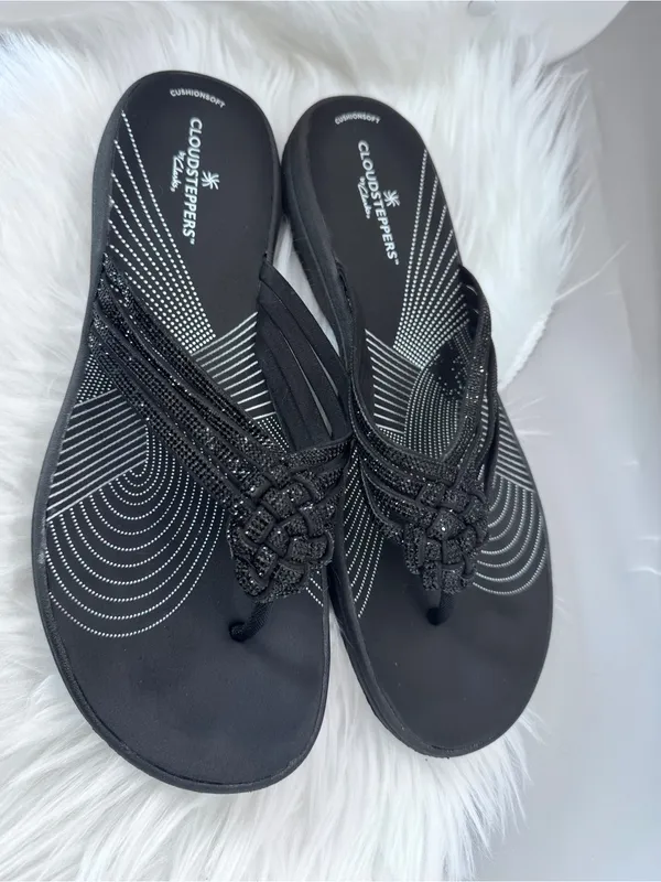 Clarks Breeze Gem Black Flip Flop Slides Size 9 Sparkly Studs vacation glitter - Image 4