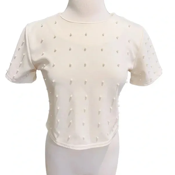 Snidel Cropped Top Pearl Appliqué Beige Size M - Image 3
