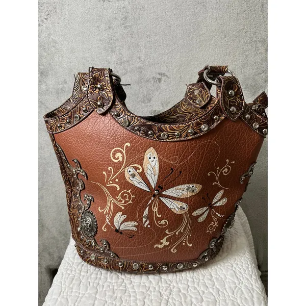 Western Dragonfly Studded Shoulder Bag Wallet Set Tooled Boho Cowgirl Purse - Image 2